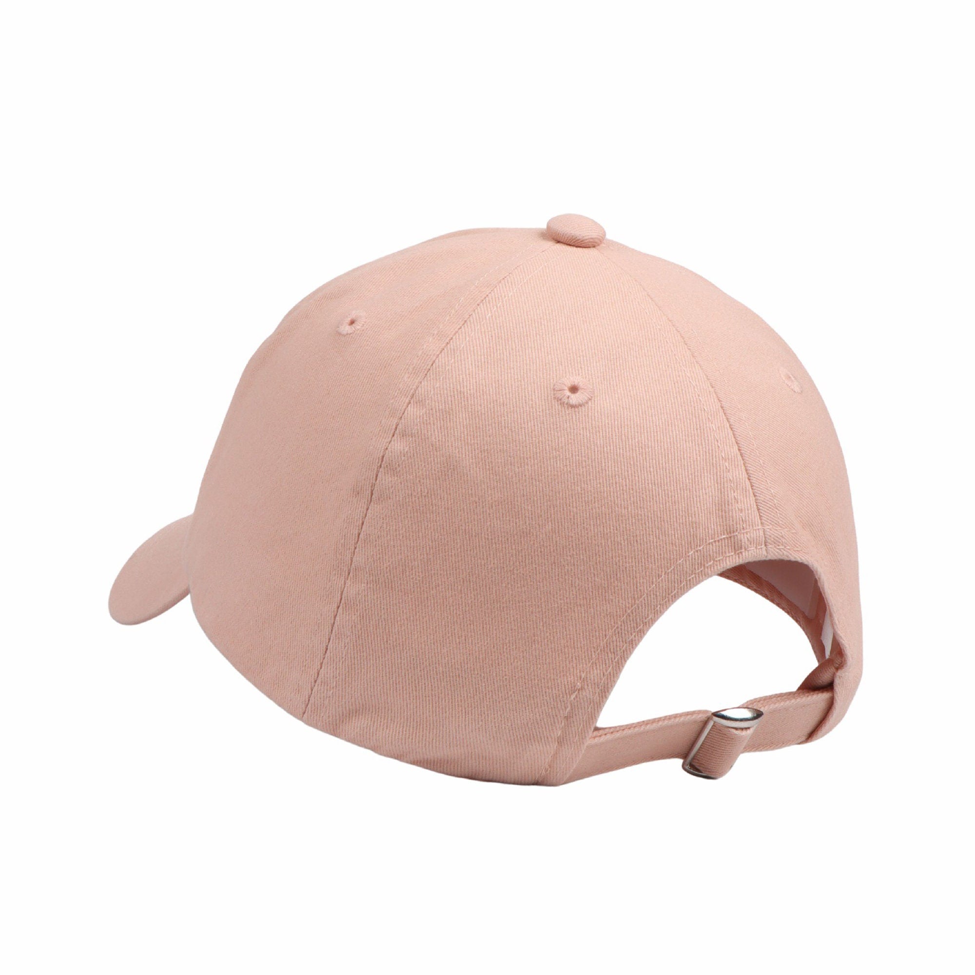May include: A pink baseball cap with a curved brim and an adjustable strap in the back.