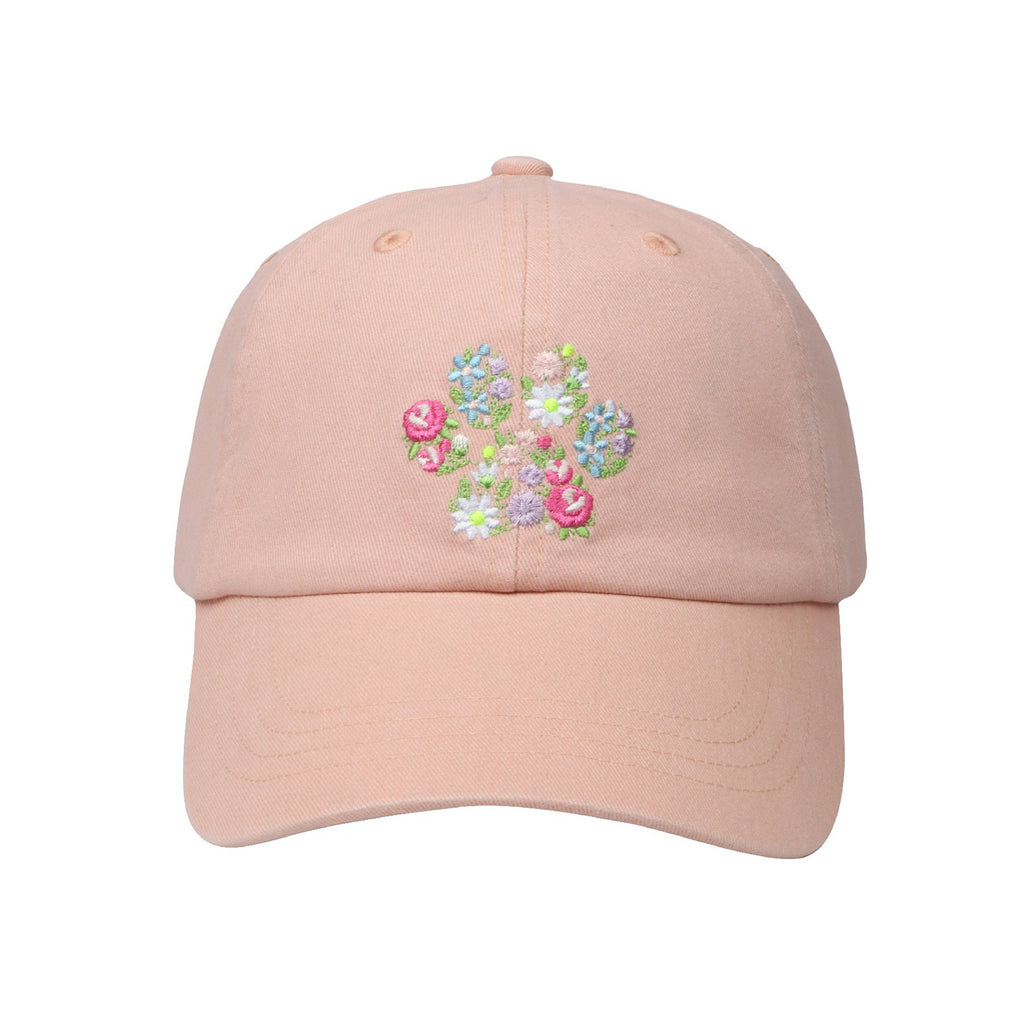 May include: A pink baseball cap with an embroidered floral design on the front.