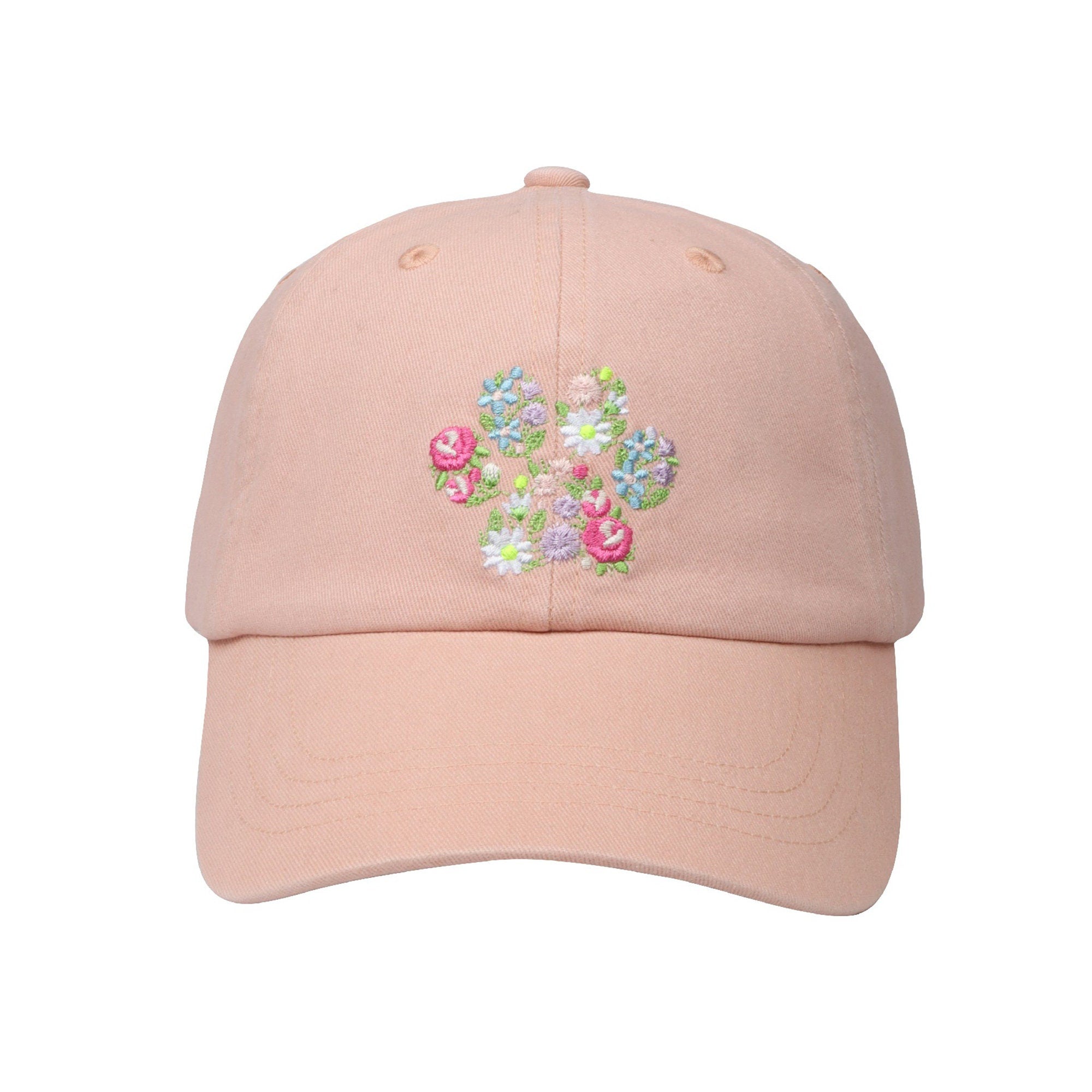May include: A pink baseball cap with an embroidered floral design on the front.