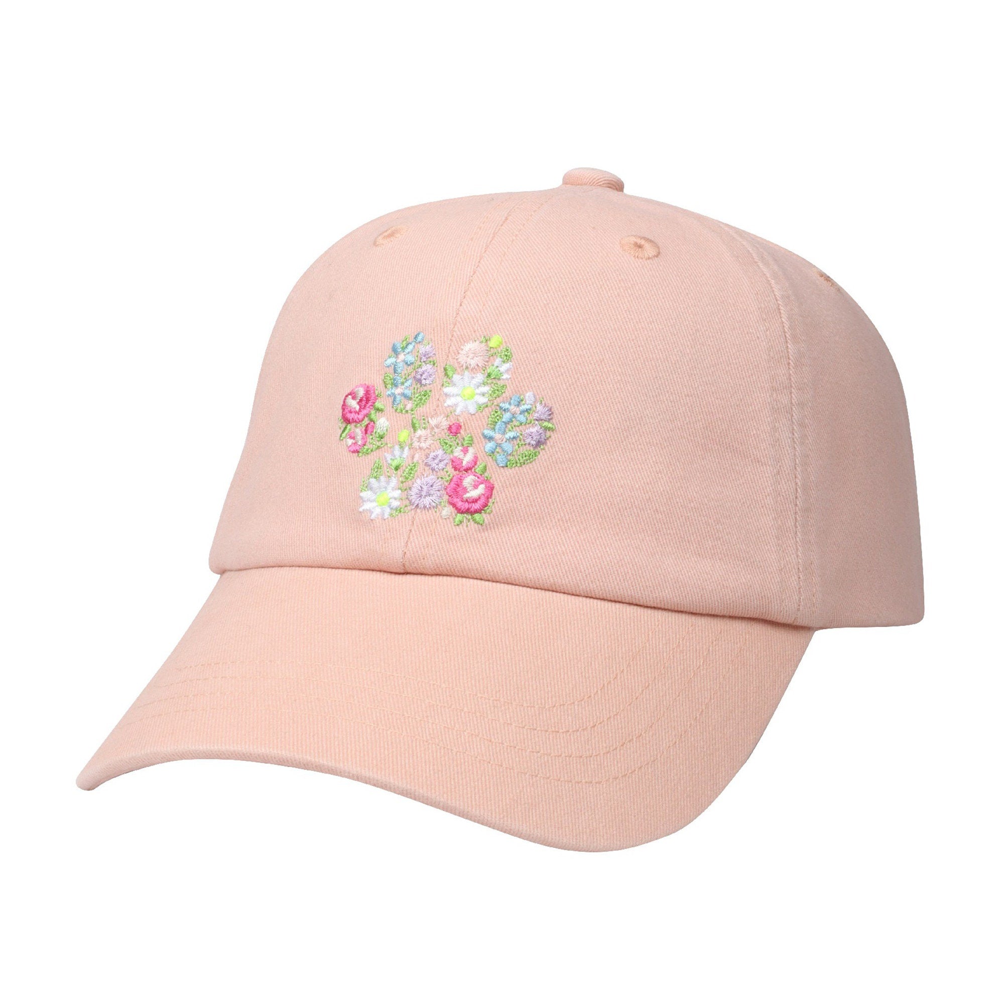 May include: A pink baseball cap with an embroidered floral design in the center of the cap.