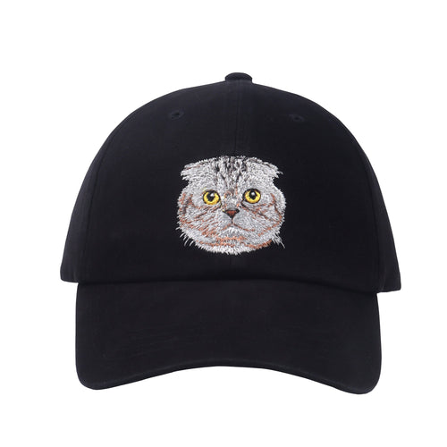 May include: A black baseball cap with a gray and white embroidered cat face on the front.
