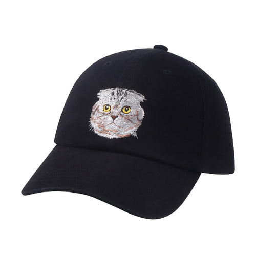 May include: A black baseball cap with an embroidered gray cat face on the front.